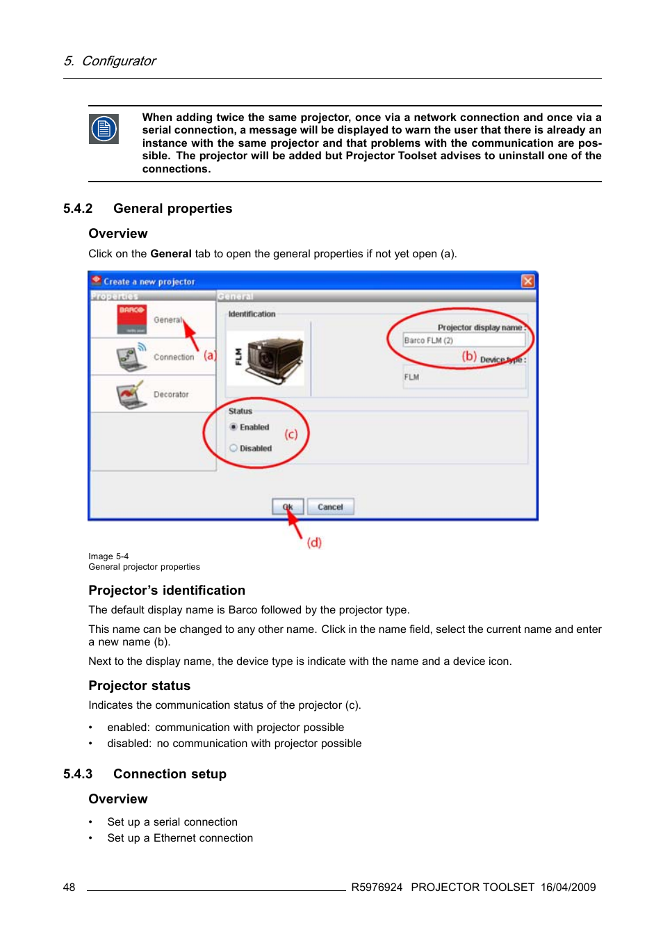 2 general properties, 3 connection setup, 2 general properties 5.4.3 connection setup | General properties, Connection setup, Configurator | Barco R5976924 User Manual | Page 52 / 245