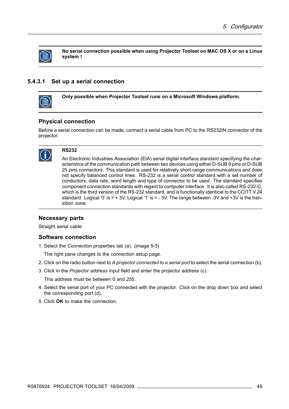 1 set up a serial connection, Configurator | Barco R5976924 User Manual | Page 53 / 245