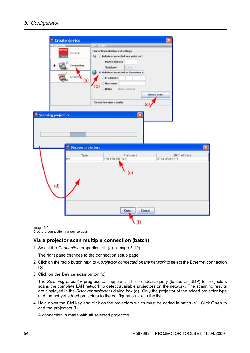 Configurator, Via a projector scan multiple connection (batch) | Barco R5976924 User Manual | Page 58 / 245