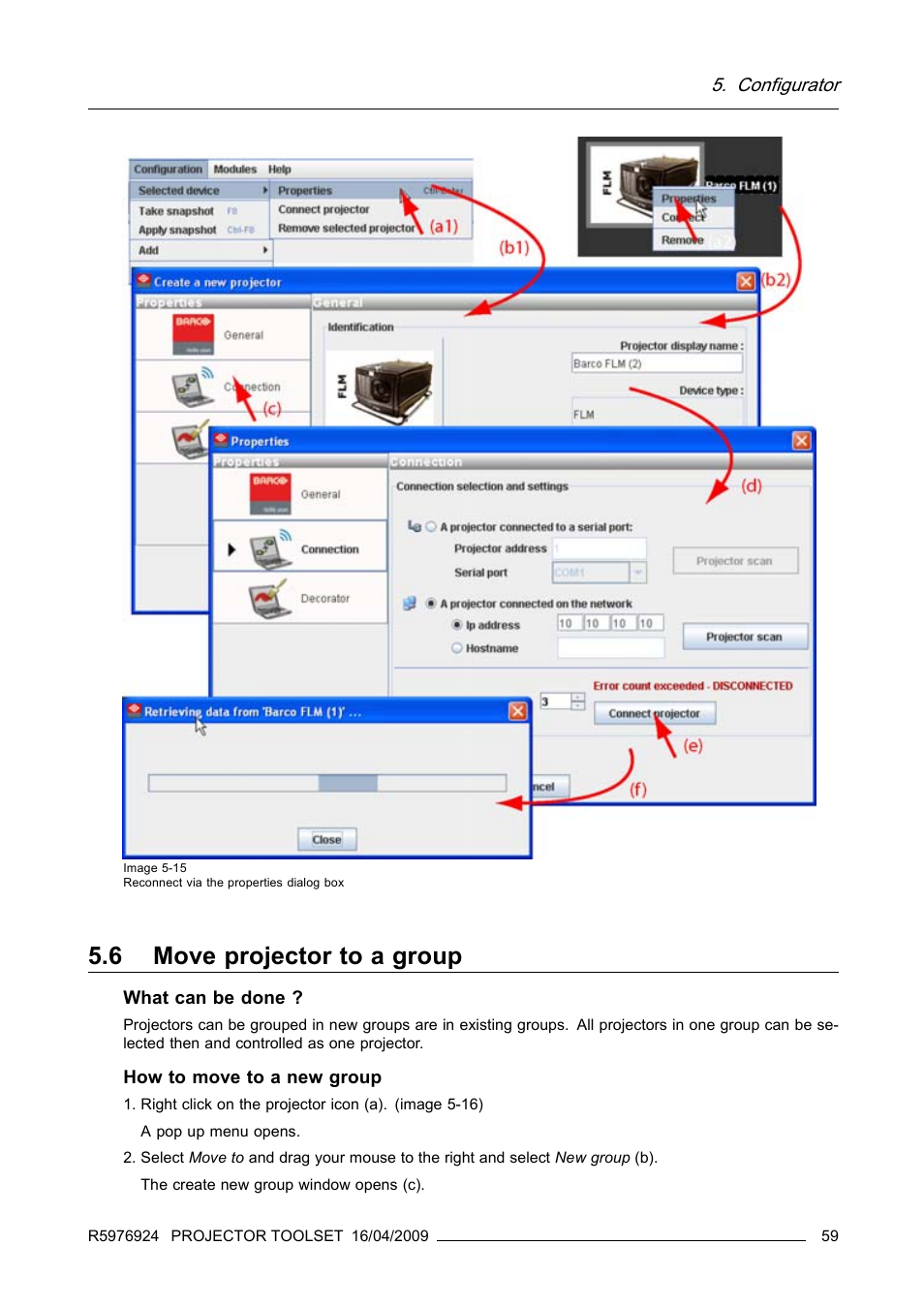 6 move projector to a group, Move projector to a group | Barco R5976924 User Manual | Page 63 / 245