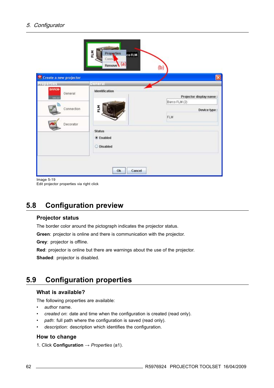 8 configuration preview, 9 configuration properties, Configuration preview | Configuration properties, Image 5-19) | Barco R5976924 User Manual | Page 66 / 245