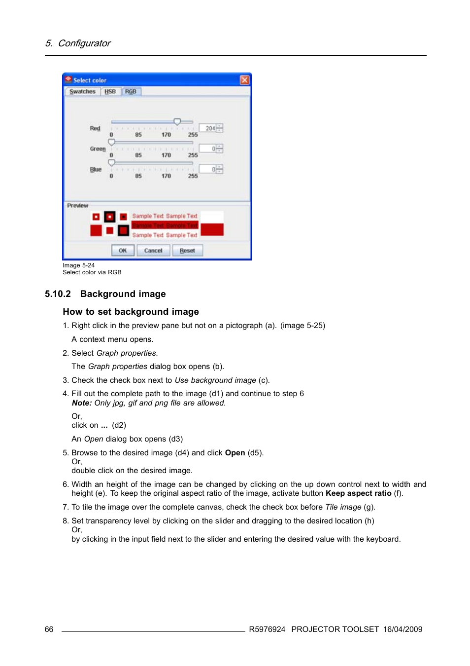 2 background image, Background image, Image 5-24) | Configurator, 2 background image how to set background image | Barco R5976924 User Manual | Page 70 / 245