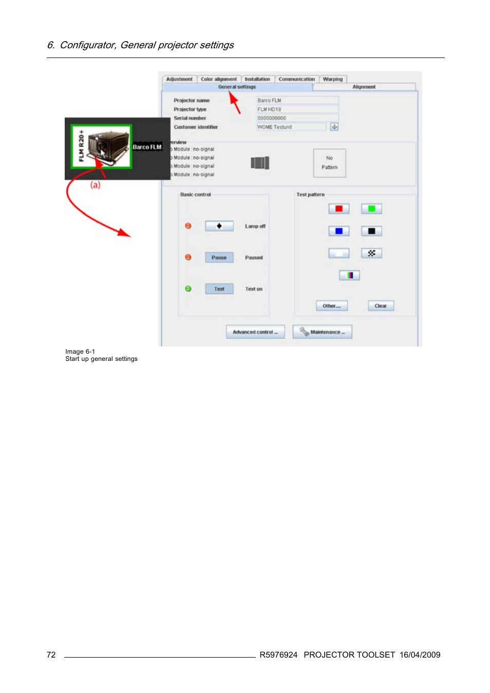 Image 6-1), Configurator, general projector settings | Barco R5976924 User Manual | Page 76 / 245