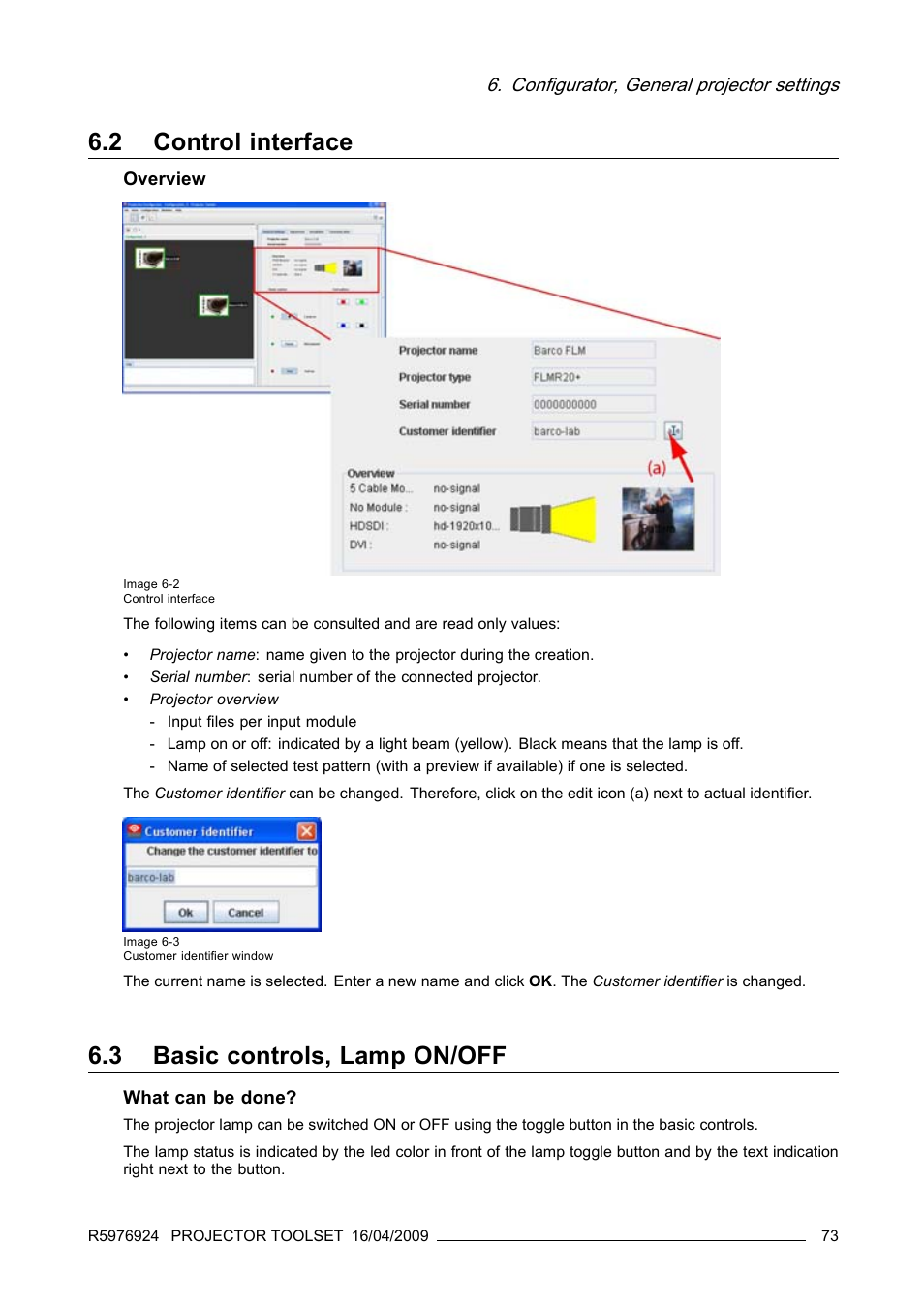 2 control interface, 3 basic controls, lamp on/off, Control interface | Basic controls, lamp on/off | Barco R5976924 User Manual | Page 77 / 245
