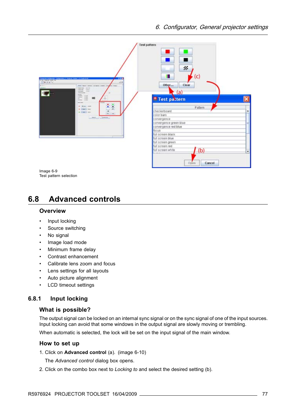 8 advanced controls, 1 input locking, Advanced controls | Configurator, general projector settings | Barco R5976924 User Manual | Page 81 / 245