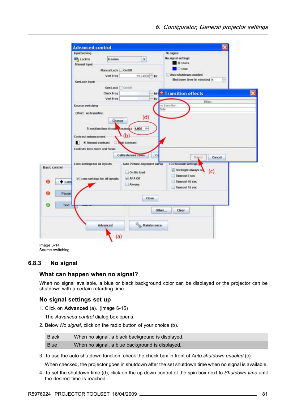 3 no signal, No signal, Configurator, general projector settings | Barco R5976924 User Manual | Page 85 / 245