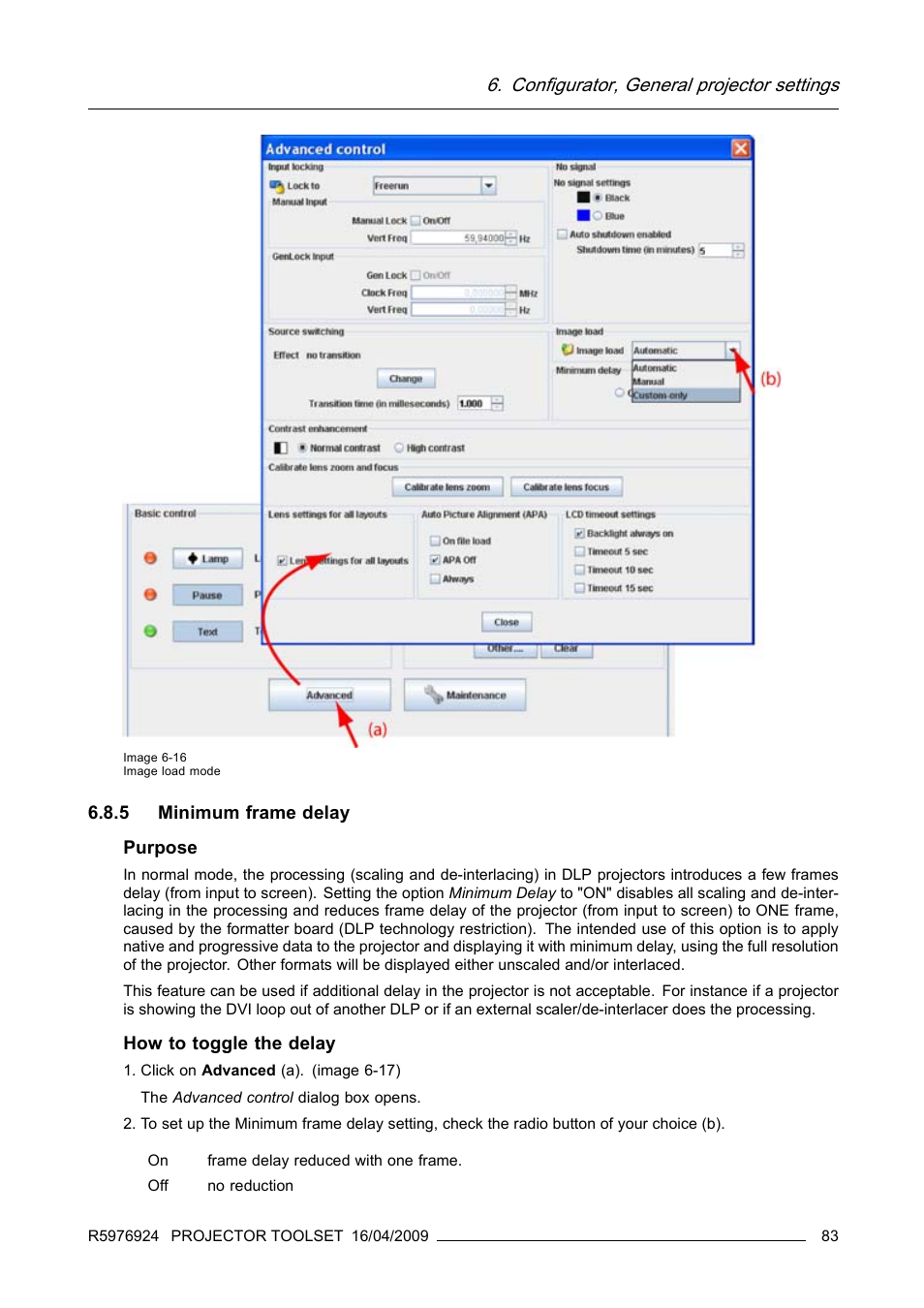 5 minimum frame delay, Minimum frame delay, Configurator, general projector settings | Barco R5976924 User Manual | Page 87 / 245