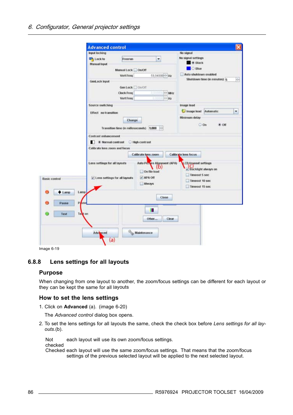 8 lens settings for all layouts, Lens settings for all layouts, Configurator, general projector settings | Barco R5976924 User Manual | Page 90 / 245