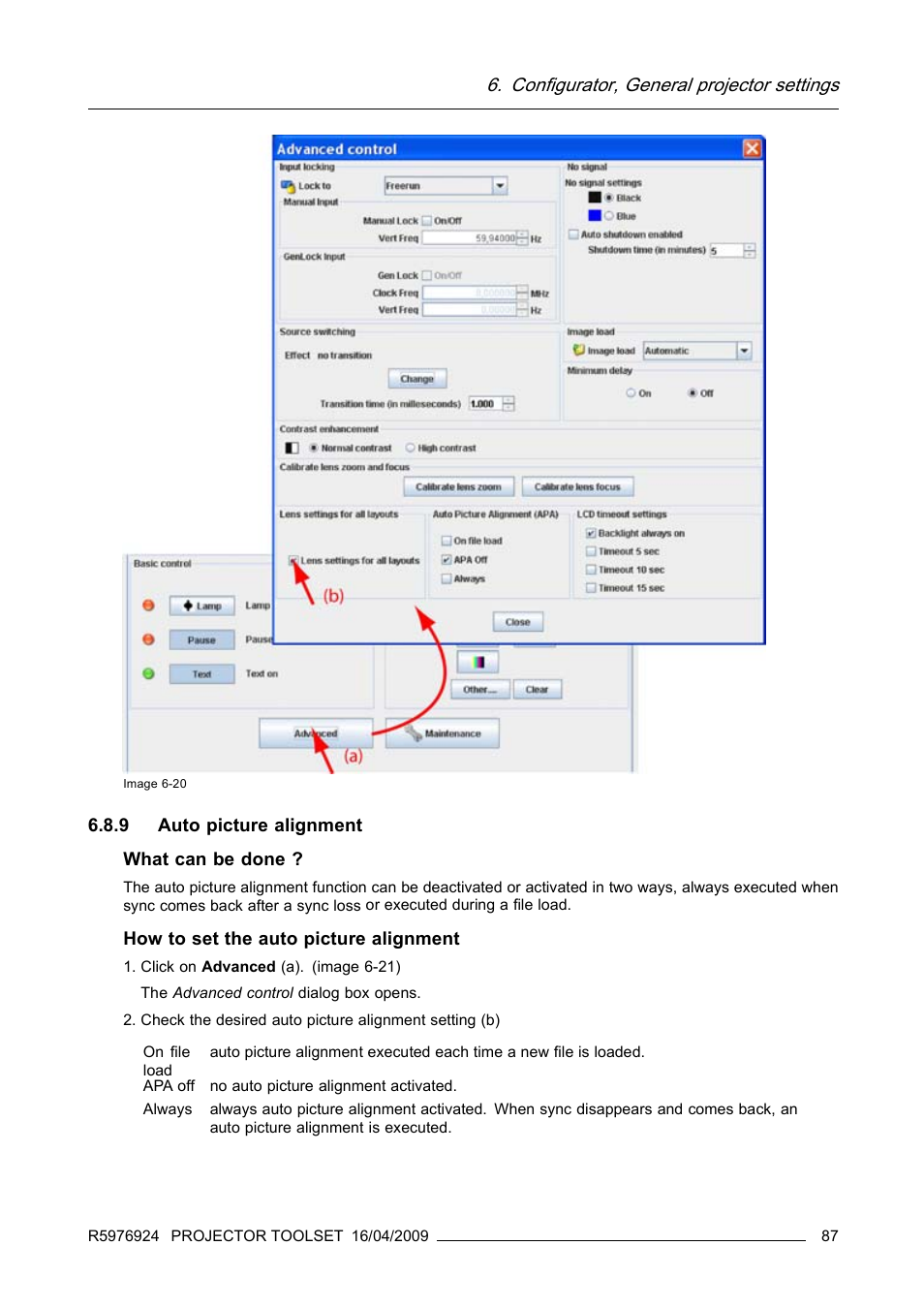 9 auto picture alignment, Auto picture alignment, Configurator, general projector settings | Barco R5976924 User Manual | Page 91 / 245