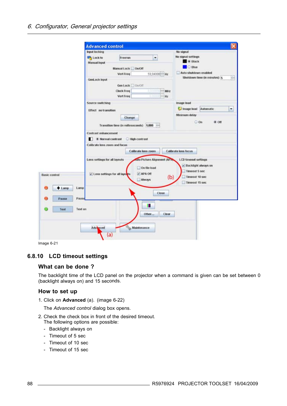 10 lcd timeout settings, Lcd timeout settings, Configurator, general projector settings | Barco R5976924 User Manual | Page 92 / 245