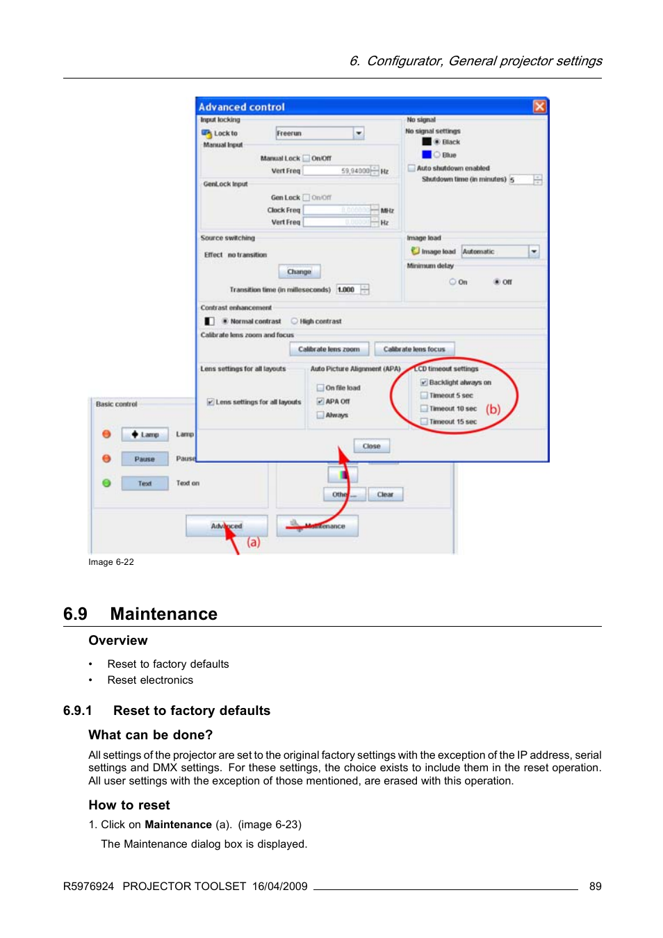 9 maintenance, 1 reset to factory defaults, Maintenance | Barco R5976924 User Manual | Page 93 / 245