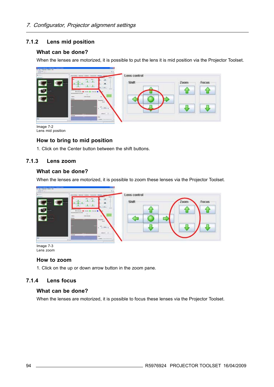 2 lens mid position, 3 lens zoom, 4 lens focus | Lens mid position, Lens zoom, Lens focus | Barco R5976924 User Manual | Page 98 / 245
