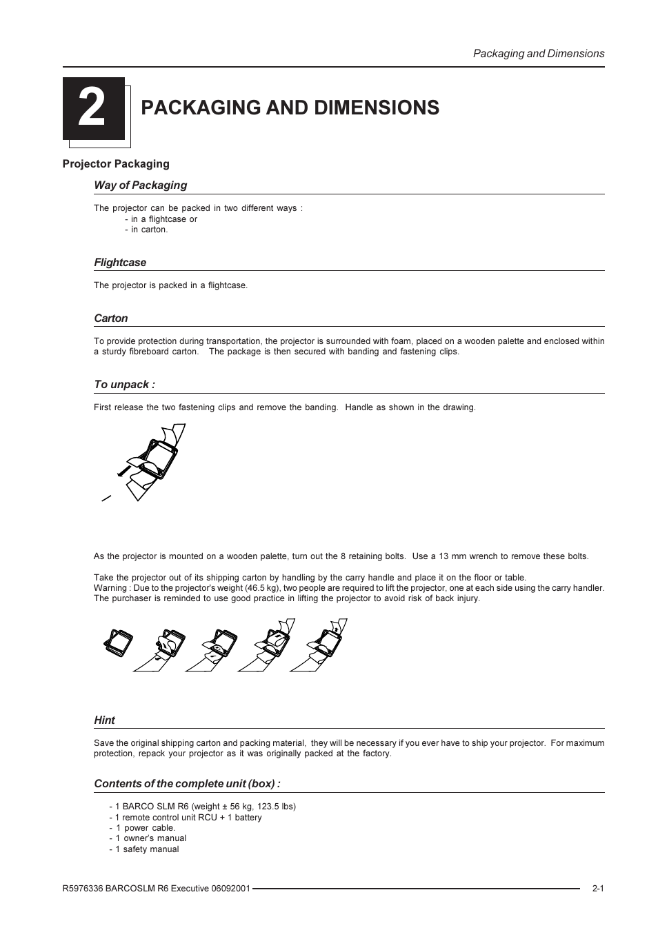 Packaging and dimensions | Barco R9002790 User Manual | Page 11 / 83