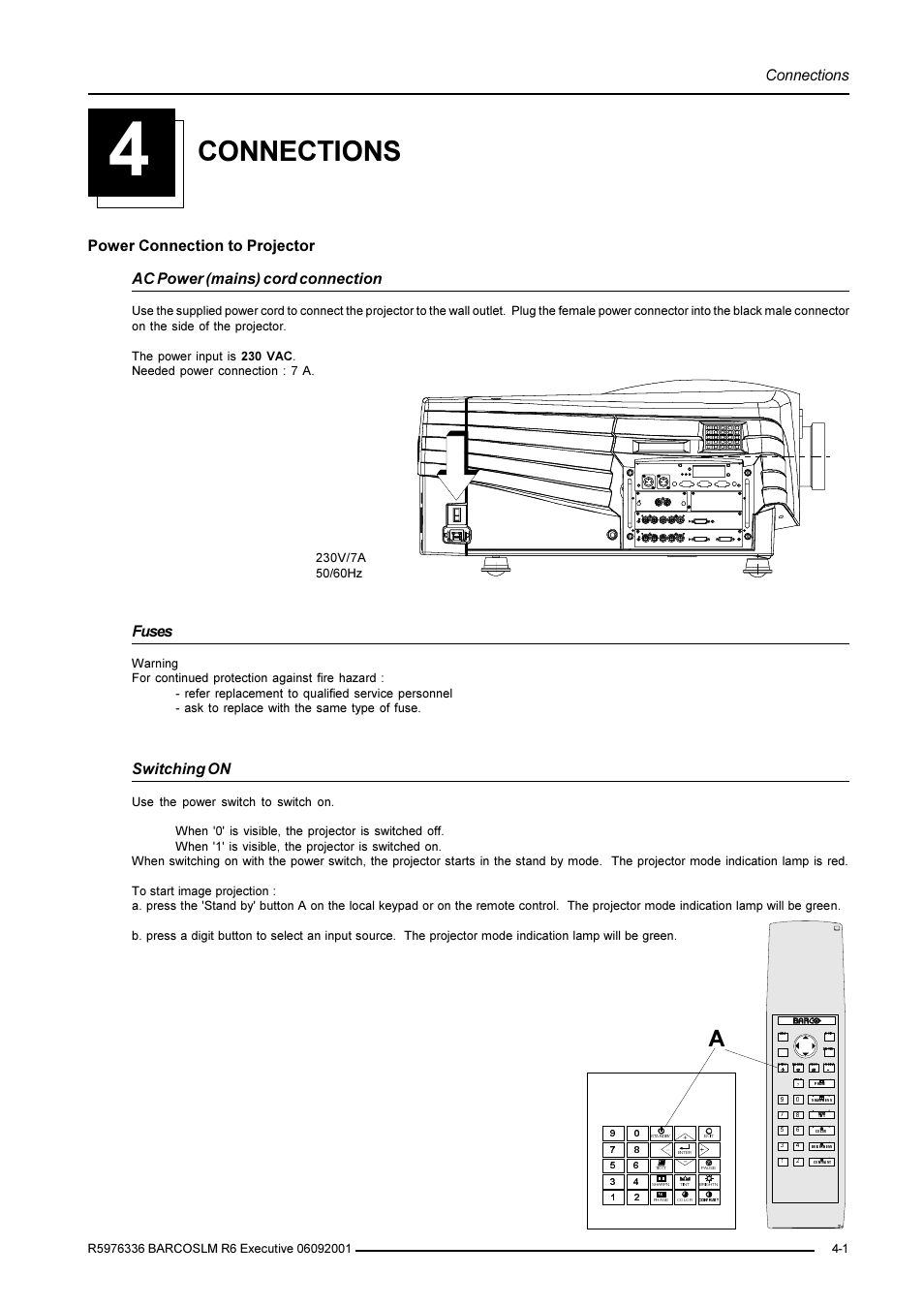 Connections, Fuses, Switching on | Barco R9002790 User Manual | Page 20 / 83