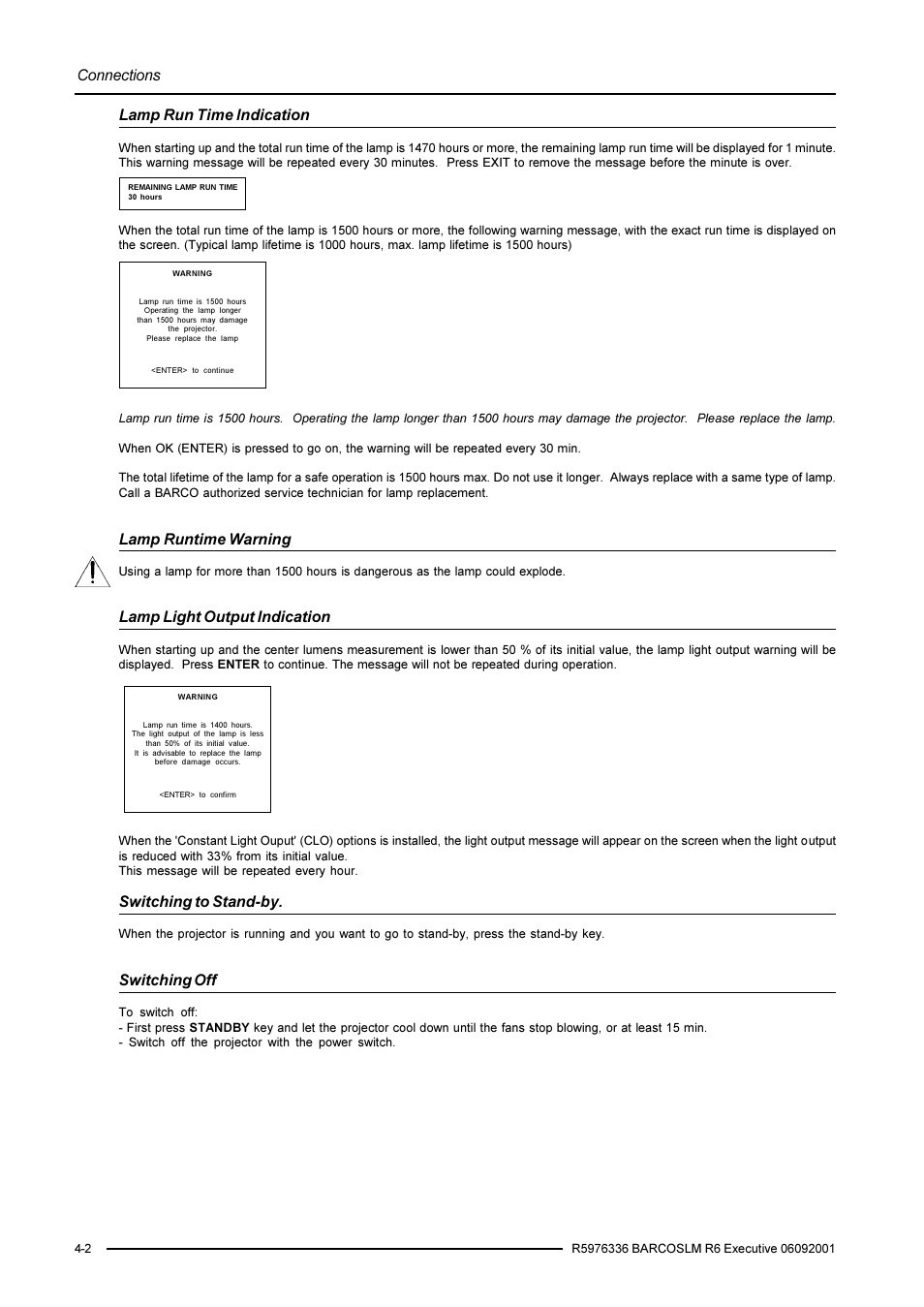 Connections, Lamp runtime warning, Lamp light output indication | Lamp run time indication, Switching to stand-by, Switching off | Barco R9002790 User Manual | Page 21 / 83