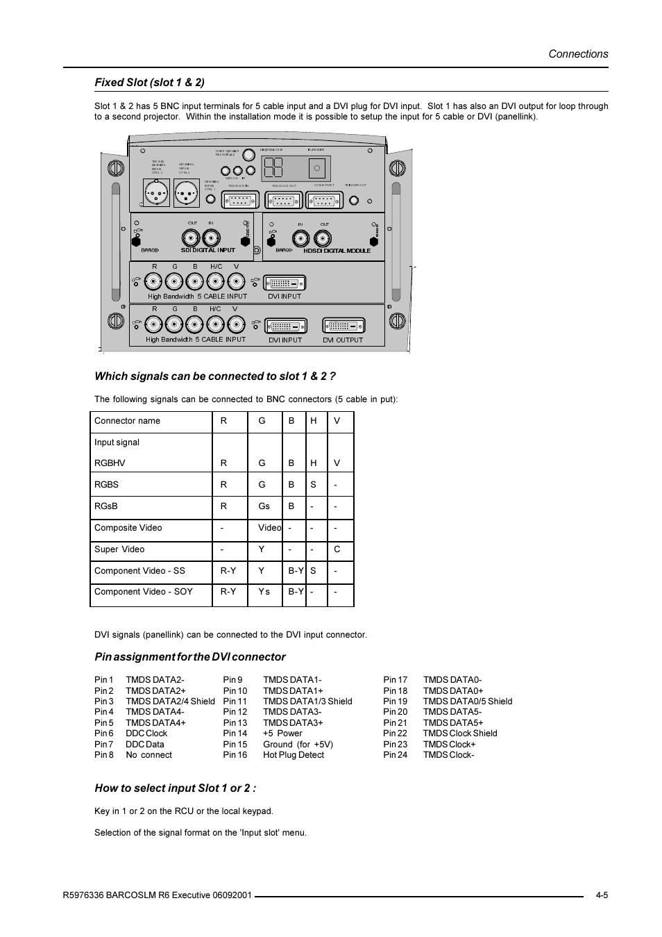 Connections, Fixed slot (slot 1 & 2), Which signals can be connected to slot 1 & 2 | Pin assignment for the dvi connector, How to select input slot 1 or 2 | Barco R9002790 User Manual | Page 24 / 83