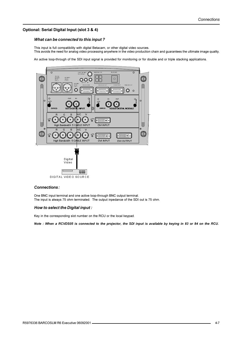 Connections, How to select the digital input | Barco R9002790 User Manual | Page 26 / 83