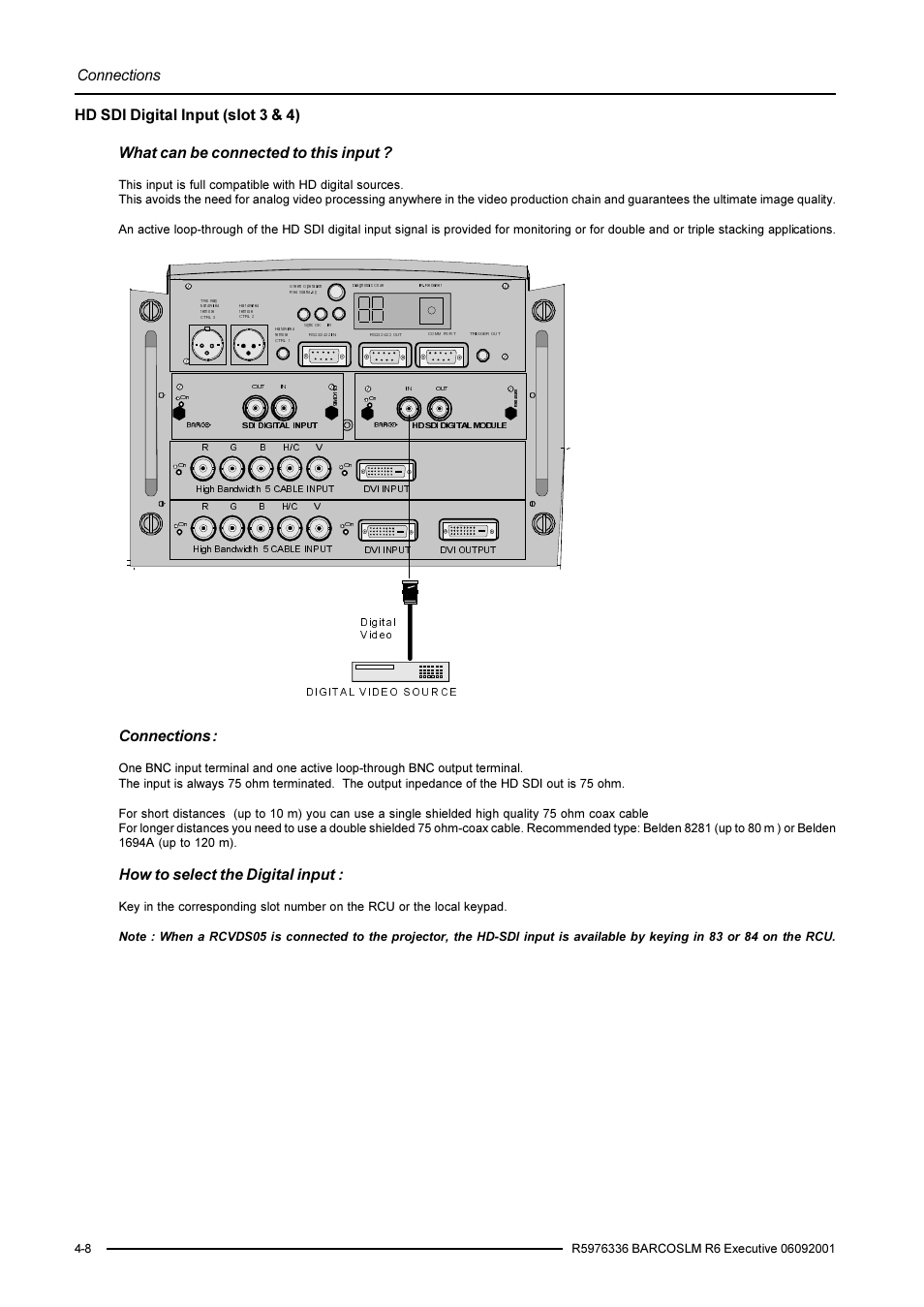 Connections, How to select the digital input | Barco R9002790 User Manual | Page 27 / 83