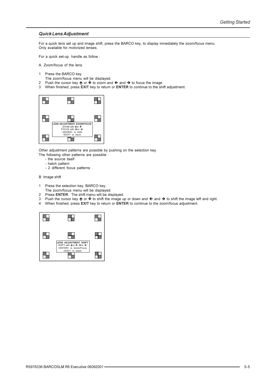 Getting started, Quick lens adjustment | Barco R9002790 User Manual | Page 34 / 83