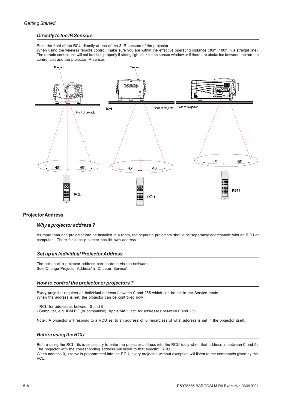 Getting started, Projector address why a projector address, Set up an individual projector address | How to control the projector or projectors, Before using the rcu, Directly to the ir sensors | Barco R9002790 User Manual | Page 37 / 83