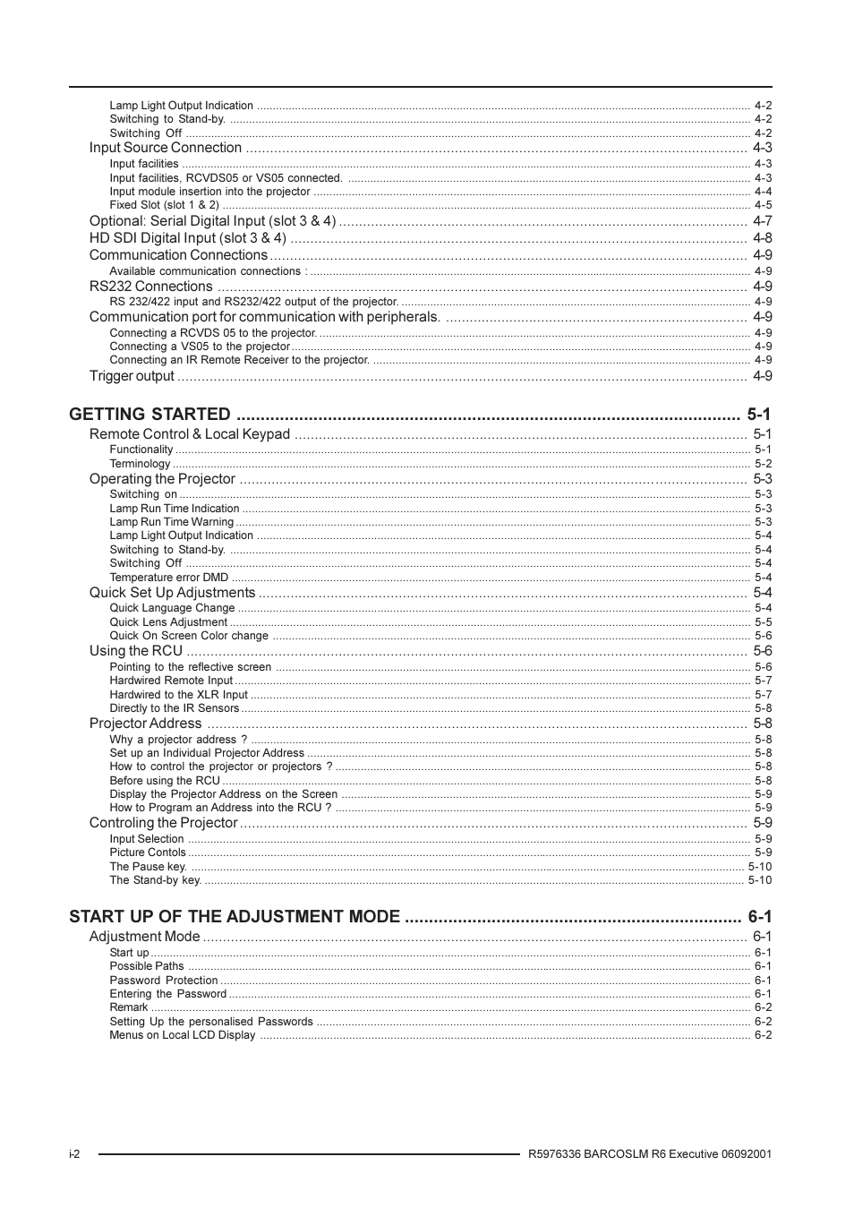 Getting started -1, Start up of the adjustment mode -1 | Barco R9002790 User Manual | Page 4 / 83