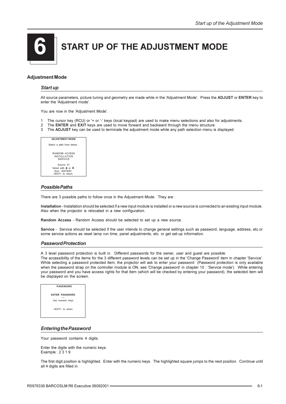 Start up of the adjustment mode | Barco R9002790 User Manual | Page 40 / 83
