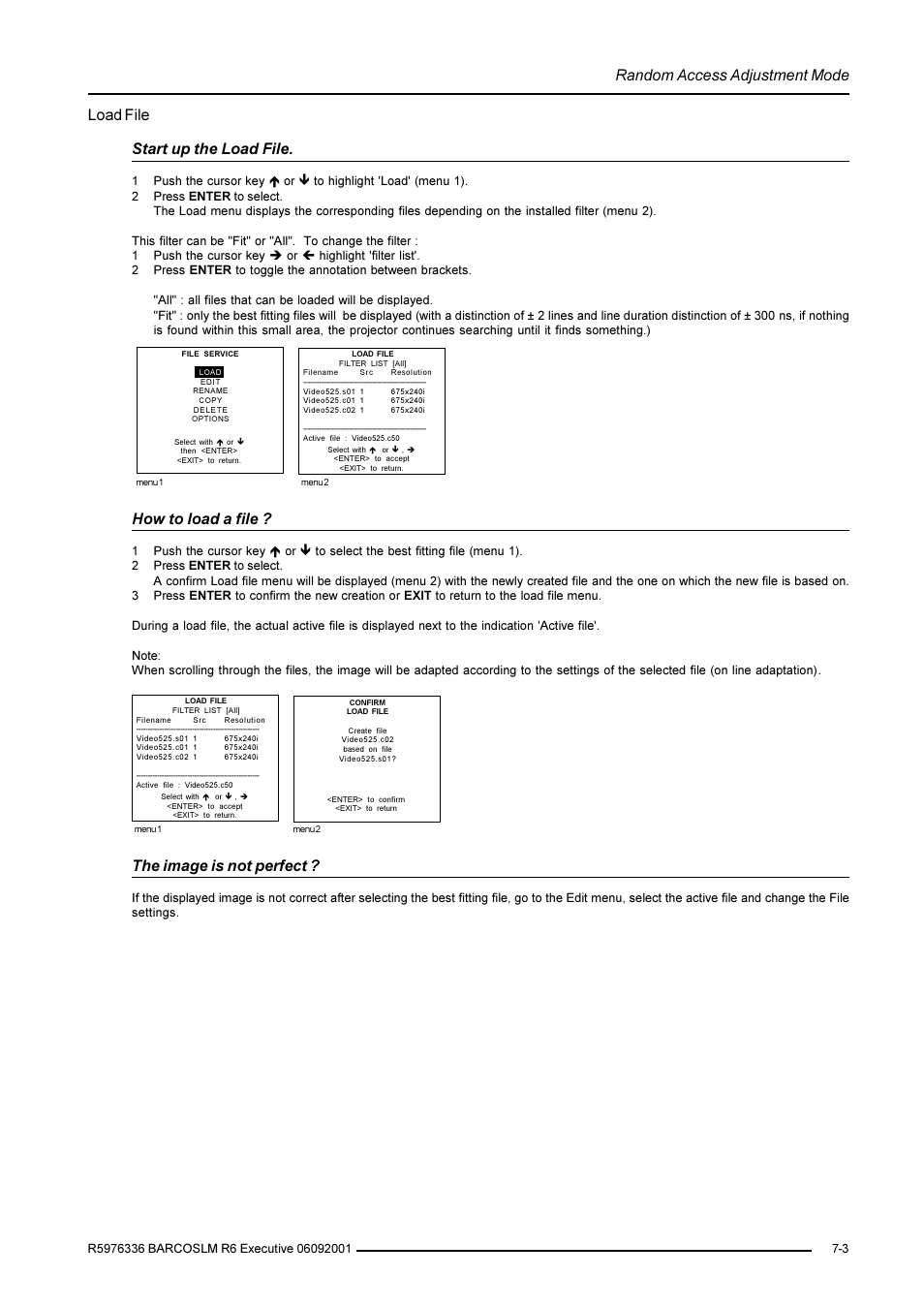 Random access adjustment mode, Load file start up the load file, How to load a file | The image is not perfect | Barco R9002790 User Manual | Page 44 / 83