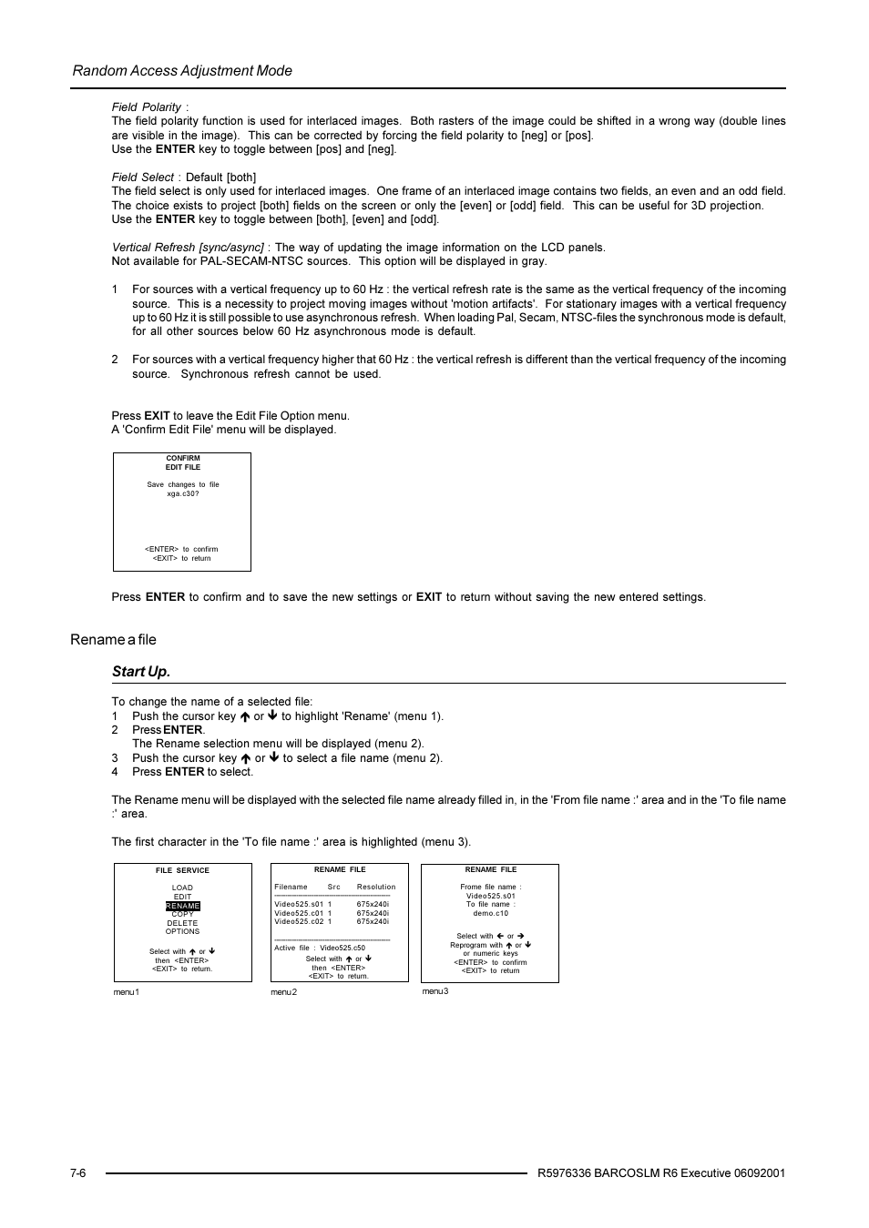 Random access adjustment mode, Rename a file start up | Barco R9002790 User Manual | Page 47 / 83