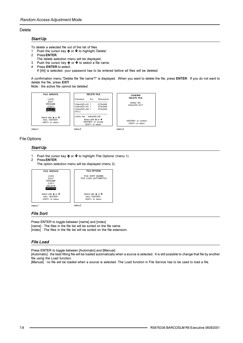 Random access adjustment mode, Delete start up, File options start up | File sort, File load | Barco R9002790 User Manual | Page 49 / 83