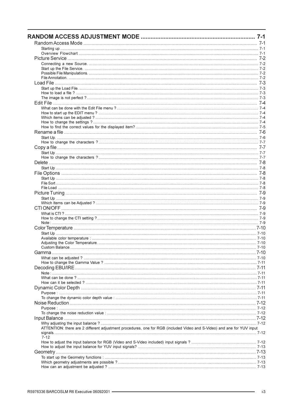 Random access adjustment mode -1 | Barco R9002790 User Manual | Page 5 / 83