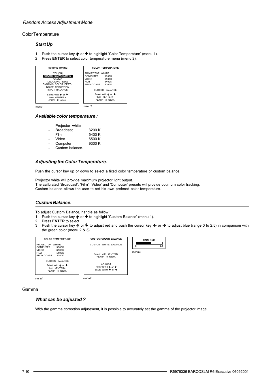 Random access adjustment mode, Color temperature start up, Available color temperature | Adjusting the color temperature, Custom balance, Gamma what can be adjusted | Barco R9002790 User Manual | Page 51 / 83