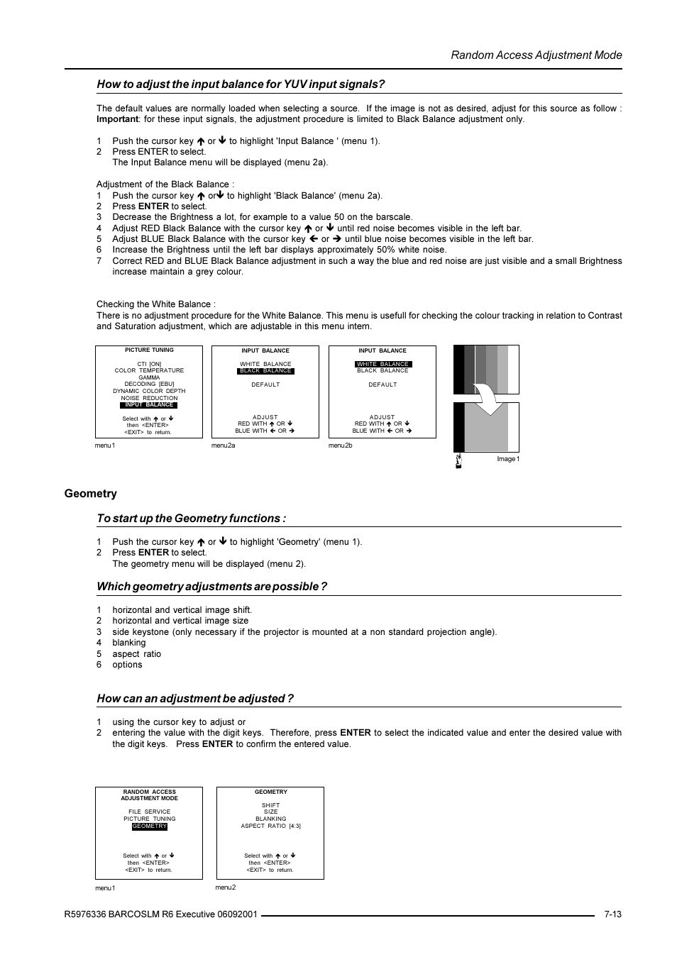 Random access adjustment mode, Geometry to start up the geometry functions, Which geometry adjustments are possible | How can an adjustment be adjusted | Barco R9002790 User Manual | Page 54 / 83