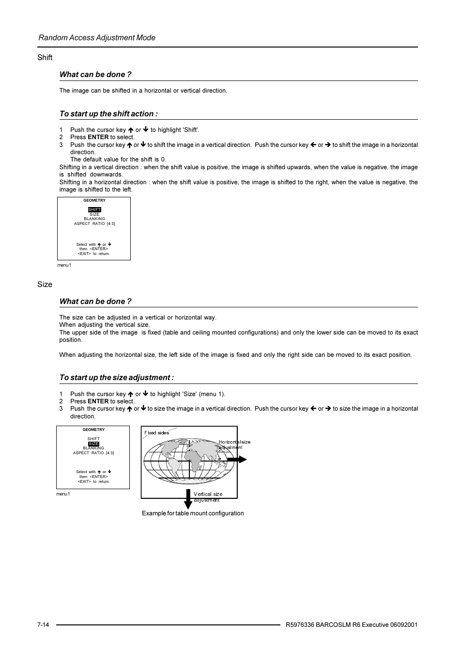 Random access adjustment mode, Shift what can be done, Size what can be done | Barco R9002790 User Manual | Page 55 / 83