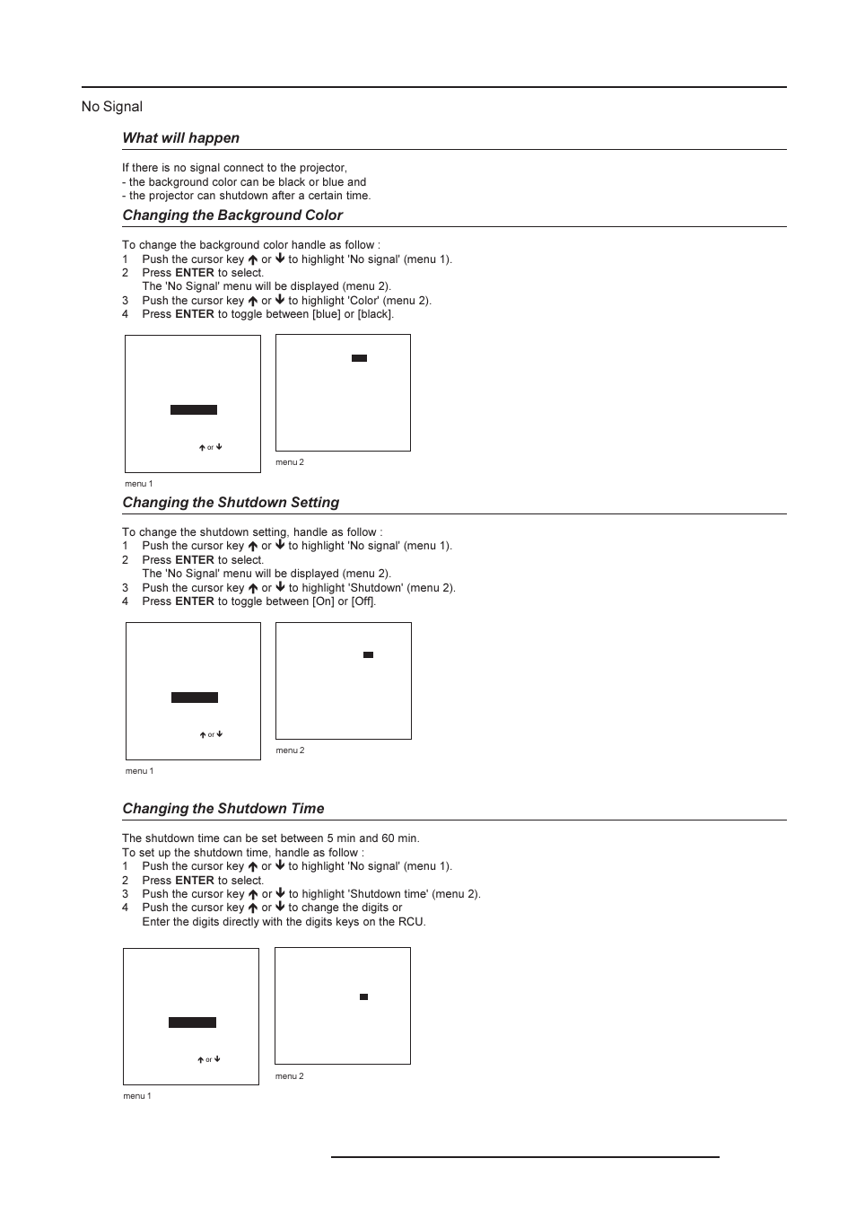Installation mode, Changing the background color, Changing the shutdown setting | No signal what will happen, Changing the shutdown time | Barco R9002790 User Manual | Page 62 / 83