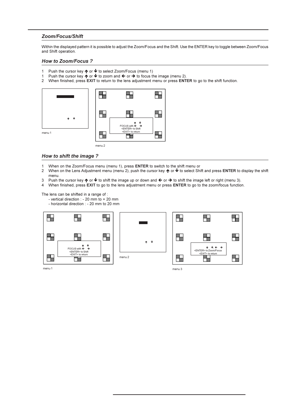 Installation mode, Zoom/focus/shift, How to zoom/focus | How to shift the image | Barco R9002790 User Manual | Page 64 / 83