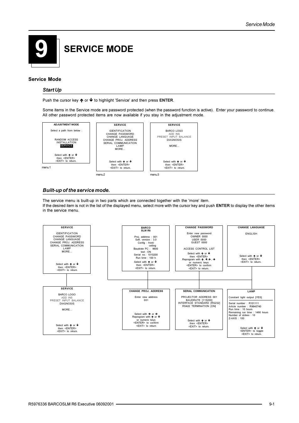 Service mode, Service mode start up, Built-up of the service mode | Barco R9002790 User Manual | Page 68 / 83