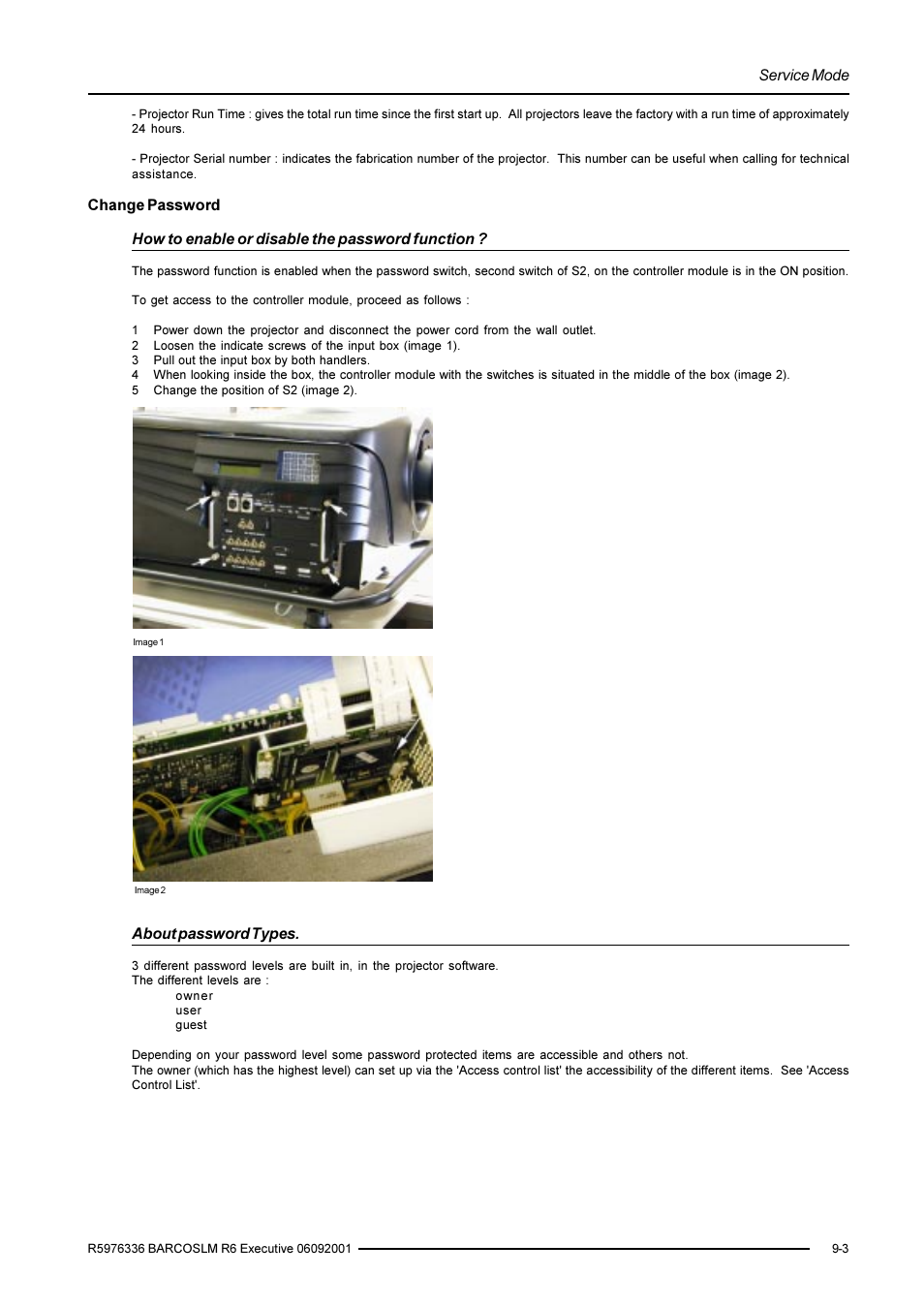 Service mode, About password types | Barco R9002790 User Manual | Page 70 / 83