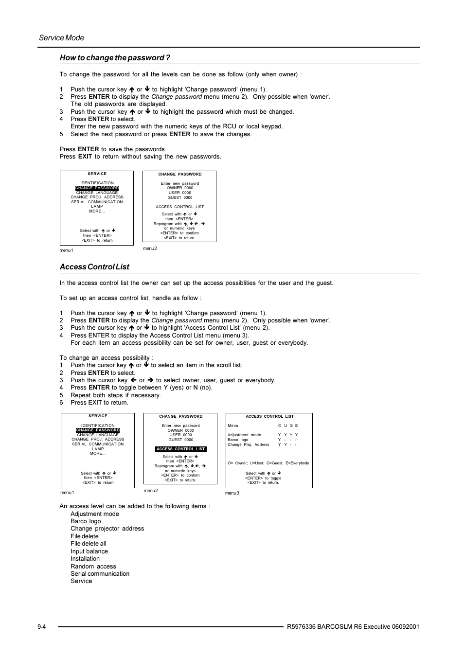 Service mode, How to change the password, Access control list | Barco R9002790 User Manual | Page 71 / 83