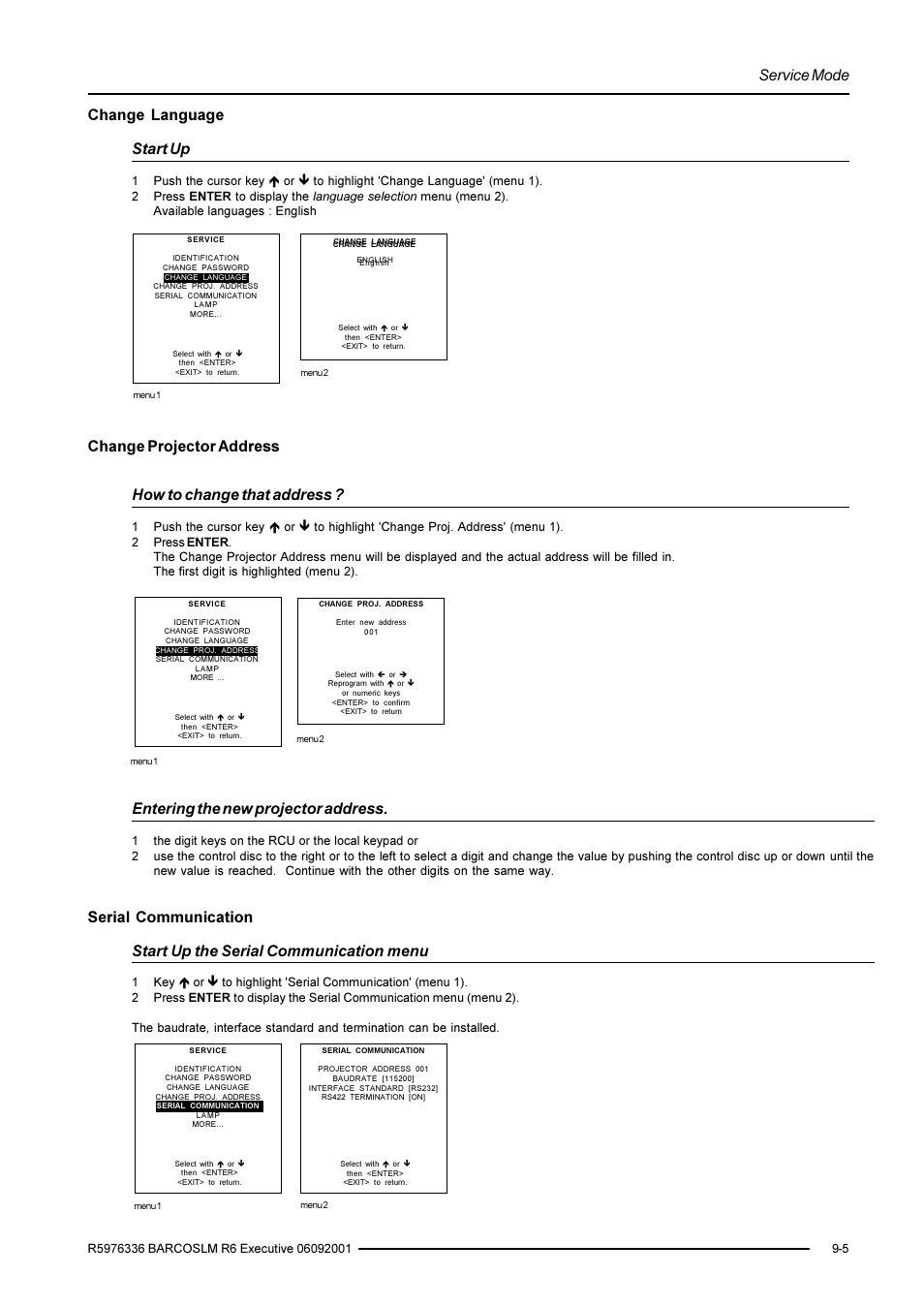 Service mode, Change language start up, Entering the new projector address | Barco R9002790 User Manual | Page 72 / 83