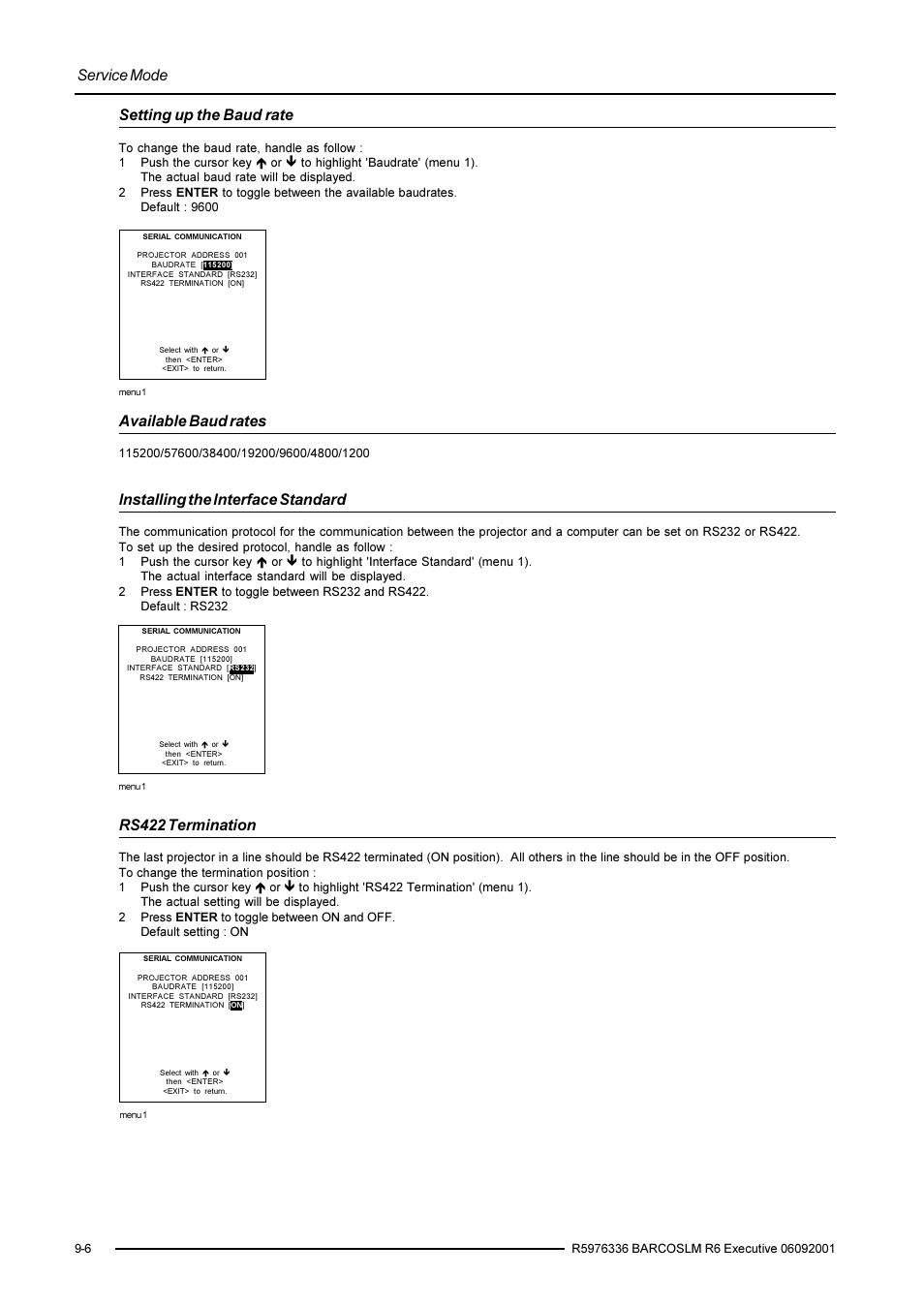 Service mode, Setting up the baud rate, Available baud rates | Installing the interface standard, Rs422 termination | Barco R9002790 User Manual | Page 73 / 83