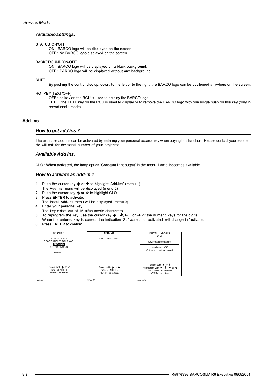 Service mode, Available settings, Add-ins how to get add ins | Available add ins, How to activate an add-in | Barco R9002790 User Manual | Page 75 / 83