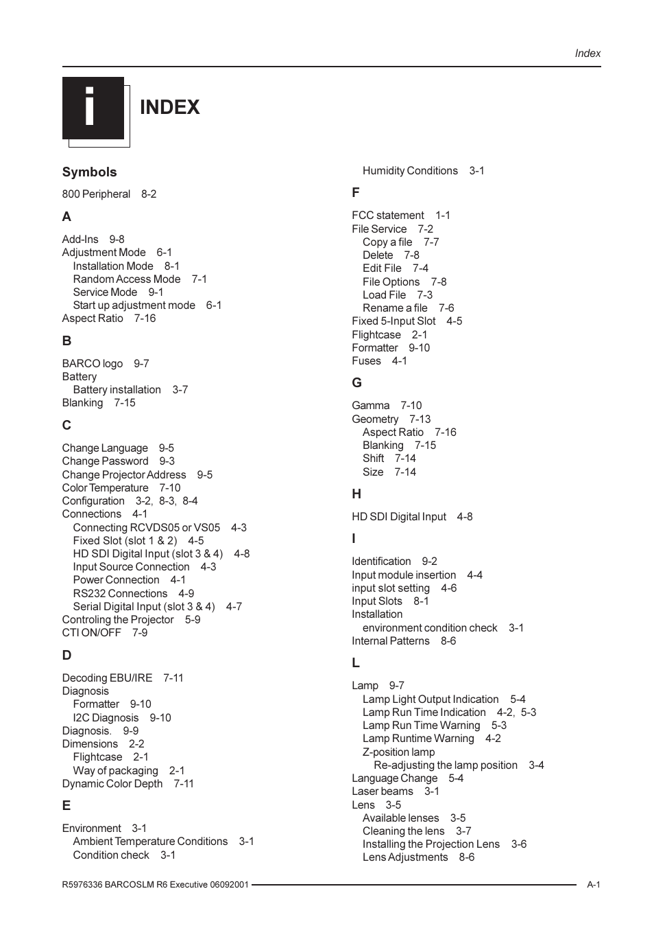 Index | Barco R9002790 User Manual | Page 82 / 83