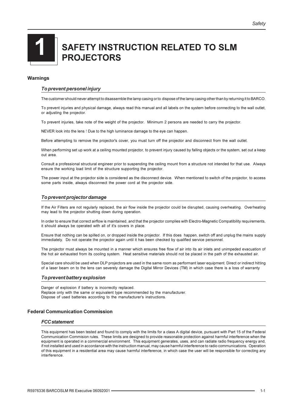 Safety instruction related to slm projectors | Barco R9002790 User Manual | Page 9 / 83