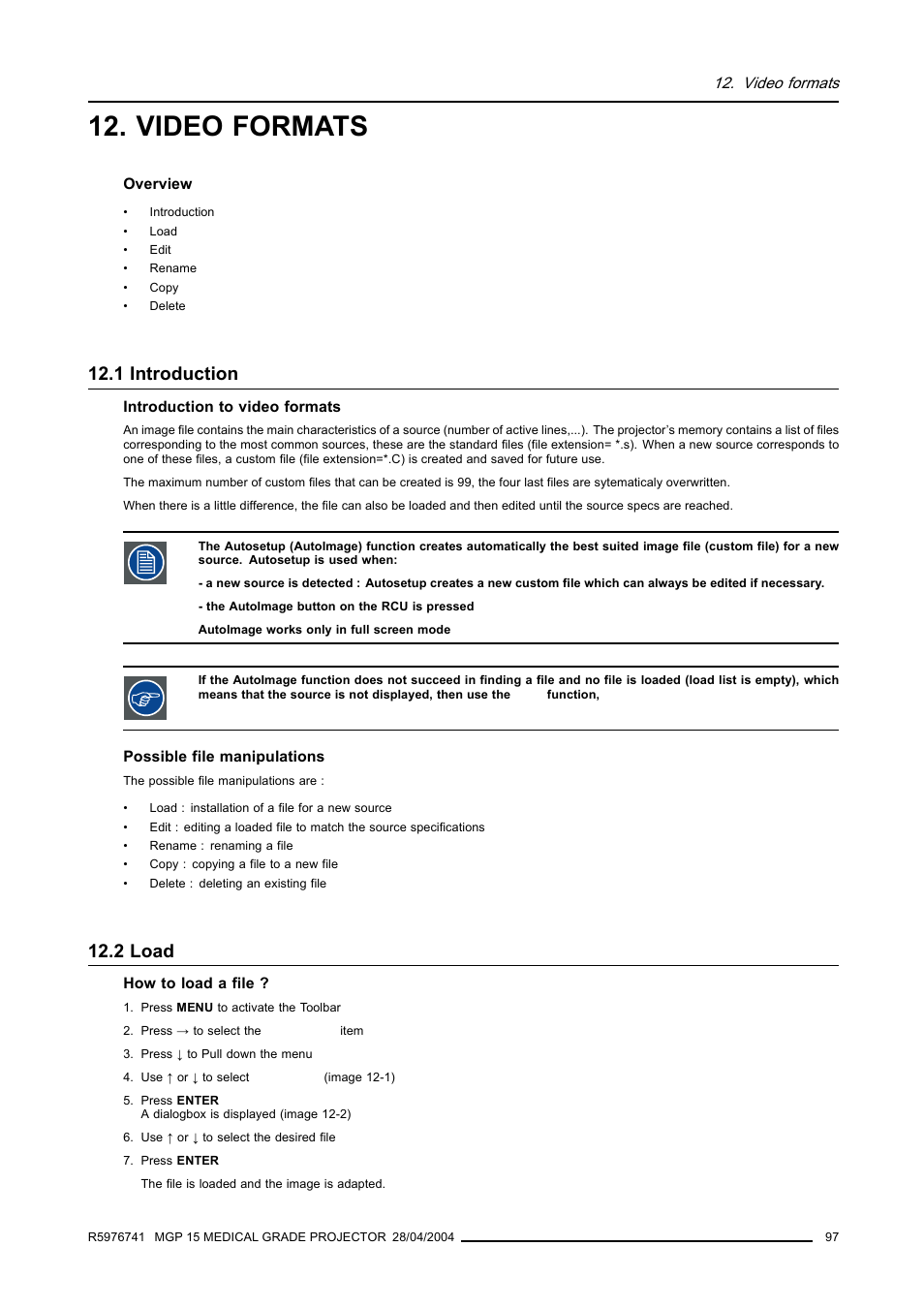 Video formats, 1 introduction, 2 load | 97 12.2 load | Barco R9003110 User Manual | Page 101 / 134