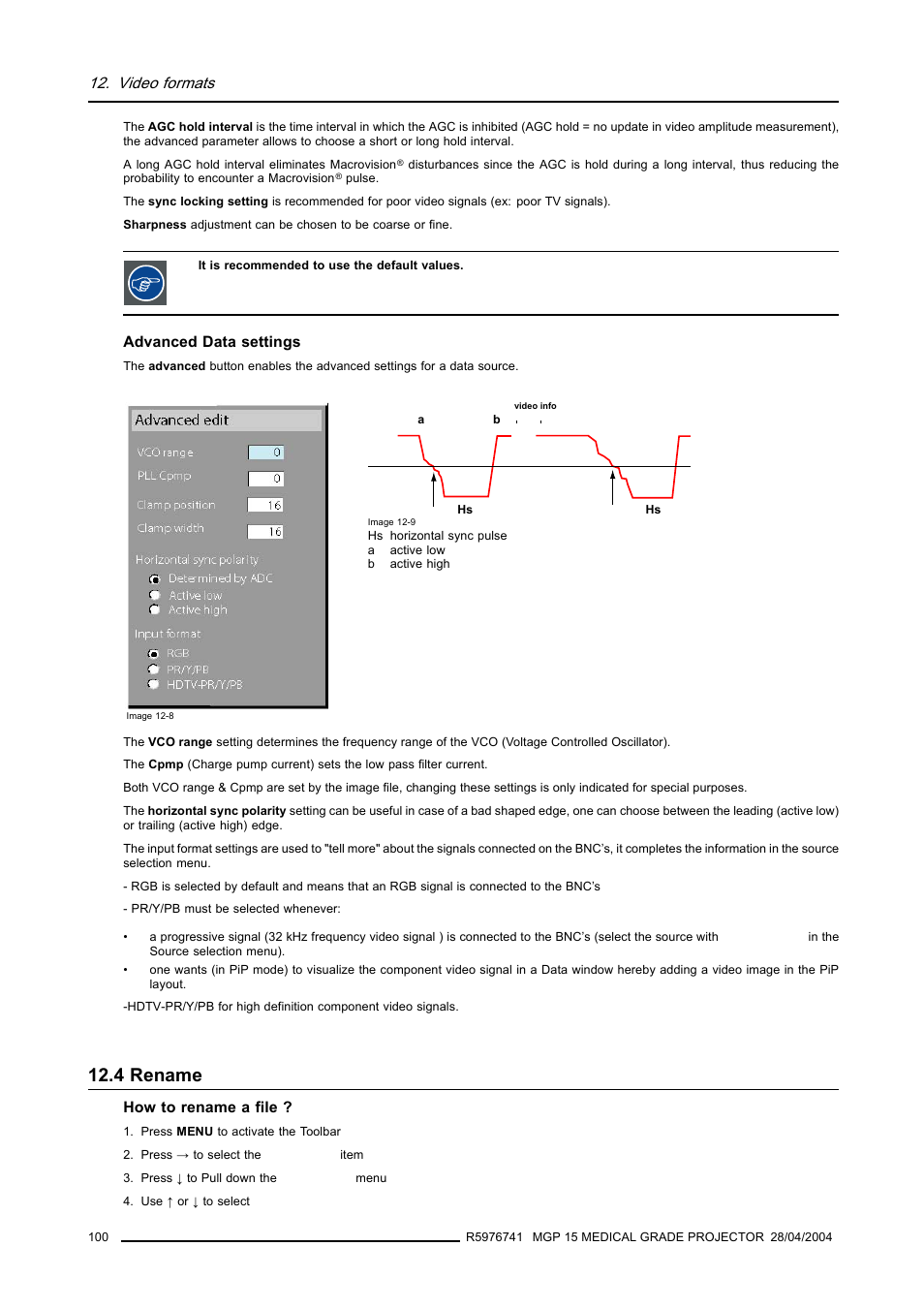 4 rename, Rename, Video formats | Barco R9003110 User Manual | Page 104 / 134