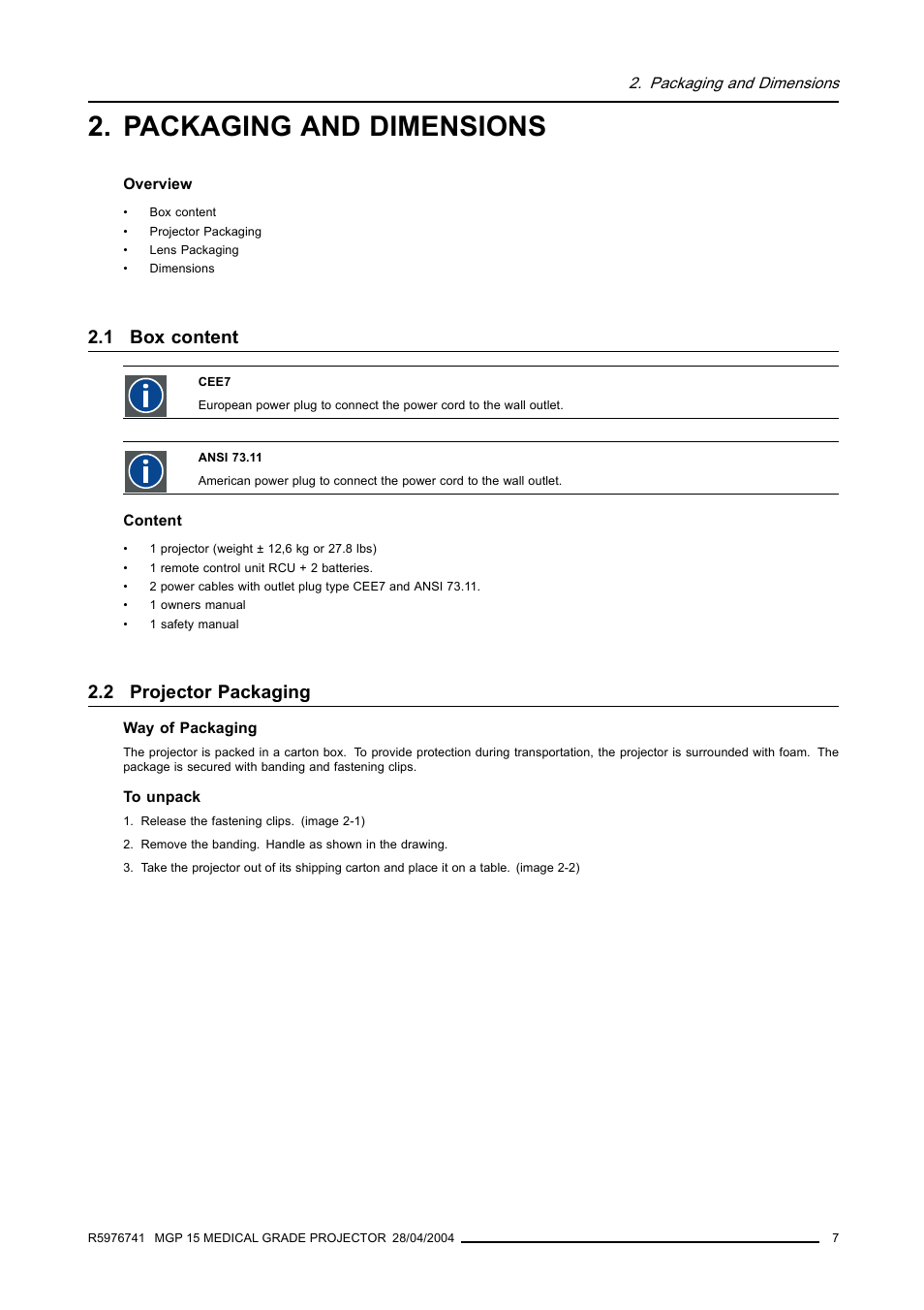 Packaging and dimensions, 1 box content, 2 projector packaging | Box content, Projector packaging | Barco R9003110 User Manual | Page 11 / 134