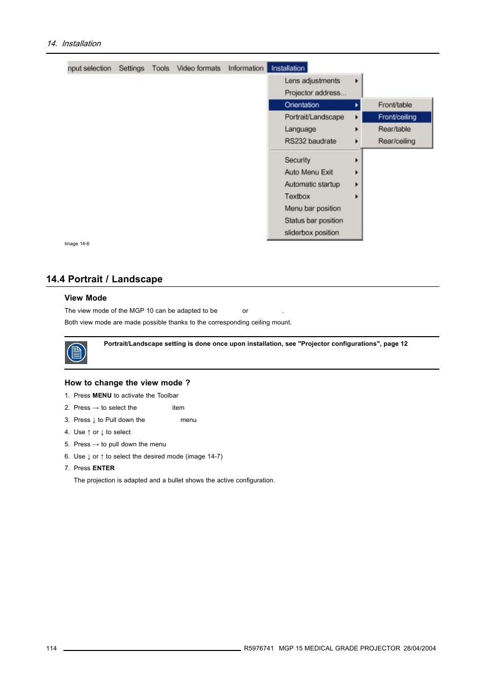 4 portrait / landscape, Portrait / landscape | Barco R9003110 User Manual | Page 118 / 134