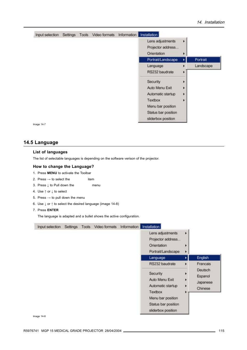 5 language, Language | Barco R9003110 User Manual | Page 119 / 134