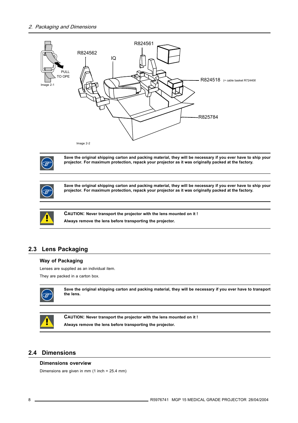 3 lens packaging, 4 dimensions, Lens packaging | Dimensions, Image 2-1), Image 2-2) | Barco R9003110 User Manual | Page 12 / 134