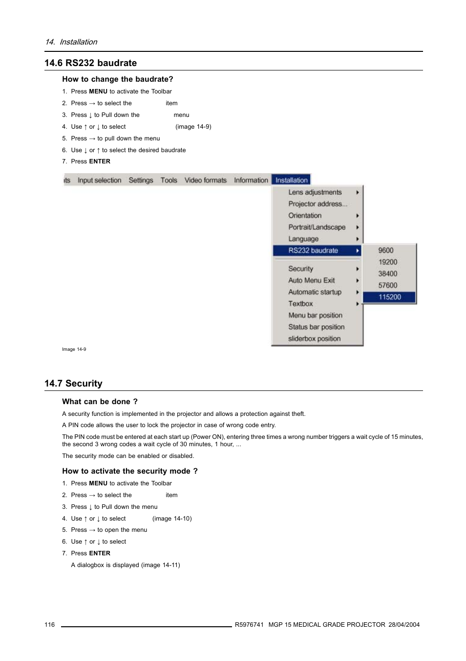 6 rs232 baudrate, 7 security, 116 14.7 security | Rs232 baudrate, Security | Barco R9003110 User Manual | Page 120 / 134